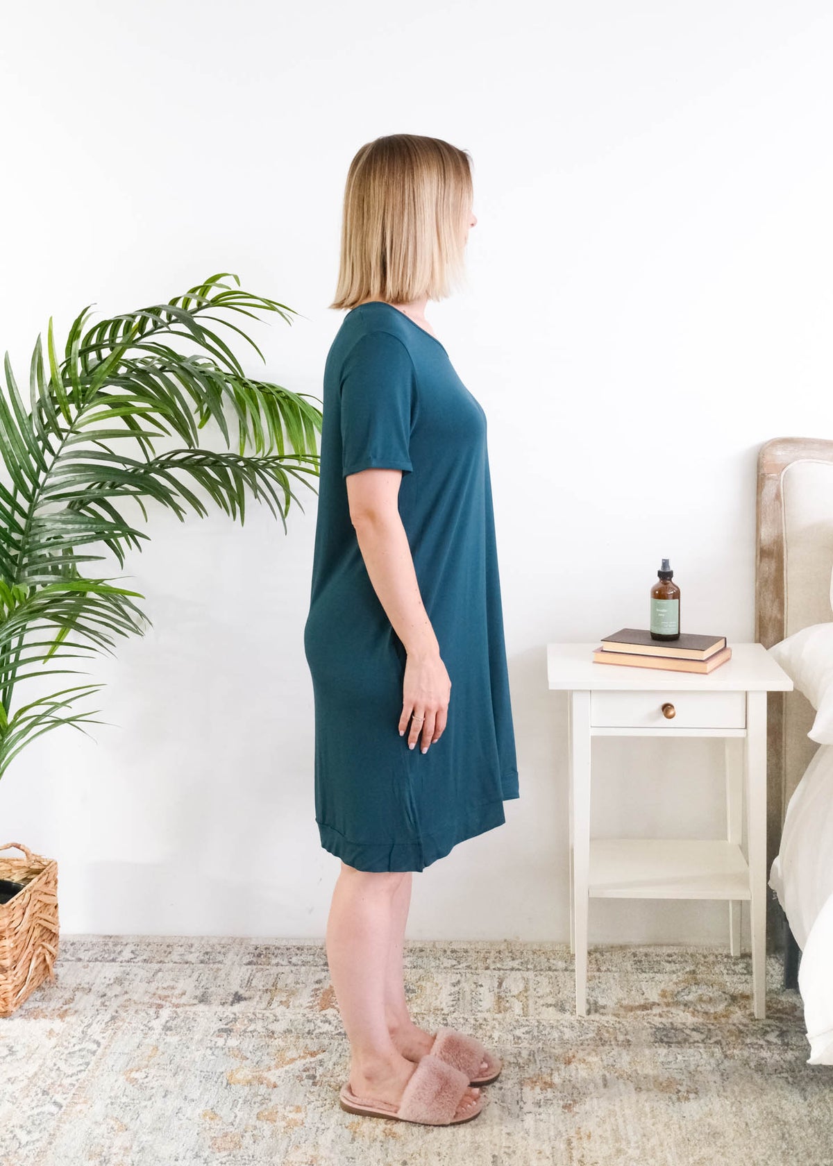Georgia Rylan Midnight Teal V-Neck Bamboo Nightshirt model side view — Cloud Nine Pajamas Edmonton