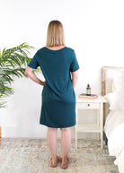 Georgia Rylan Midnight Teal V-Neck Bamboo Nightshirt model back view — Cloud Nine Pajamas Edmonton