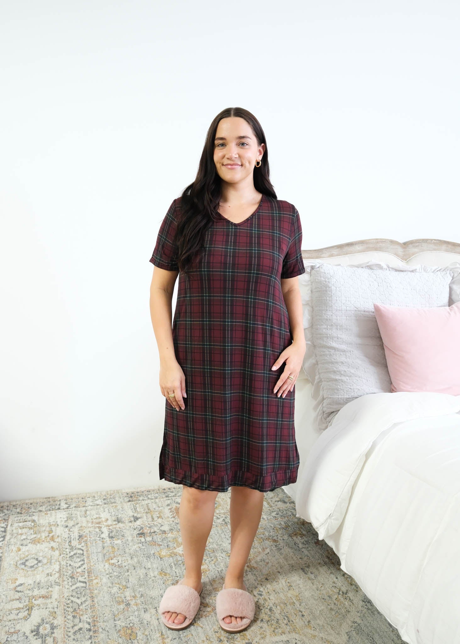 Georgia Rylan Bamboo Plaid V-Neck Nightshirt front view knee length banded hem — Cloud Nine Pajamas Edmonton