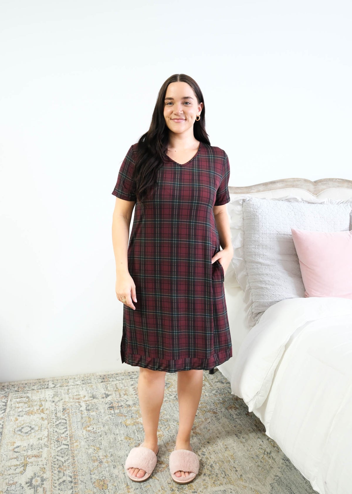 Georgia Rylan Bamboo Plaid V-Neck Nightshirt side pockets hand in pocket detail — Cloud Nine Pajamas Edmonton