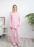 Georgia Rylan Cozy Cocktails V-Neck Bamboo PJ Set lifestyle front view — Cloud Nine Pajamas Edmonton