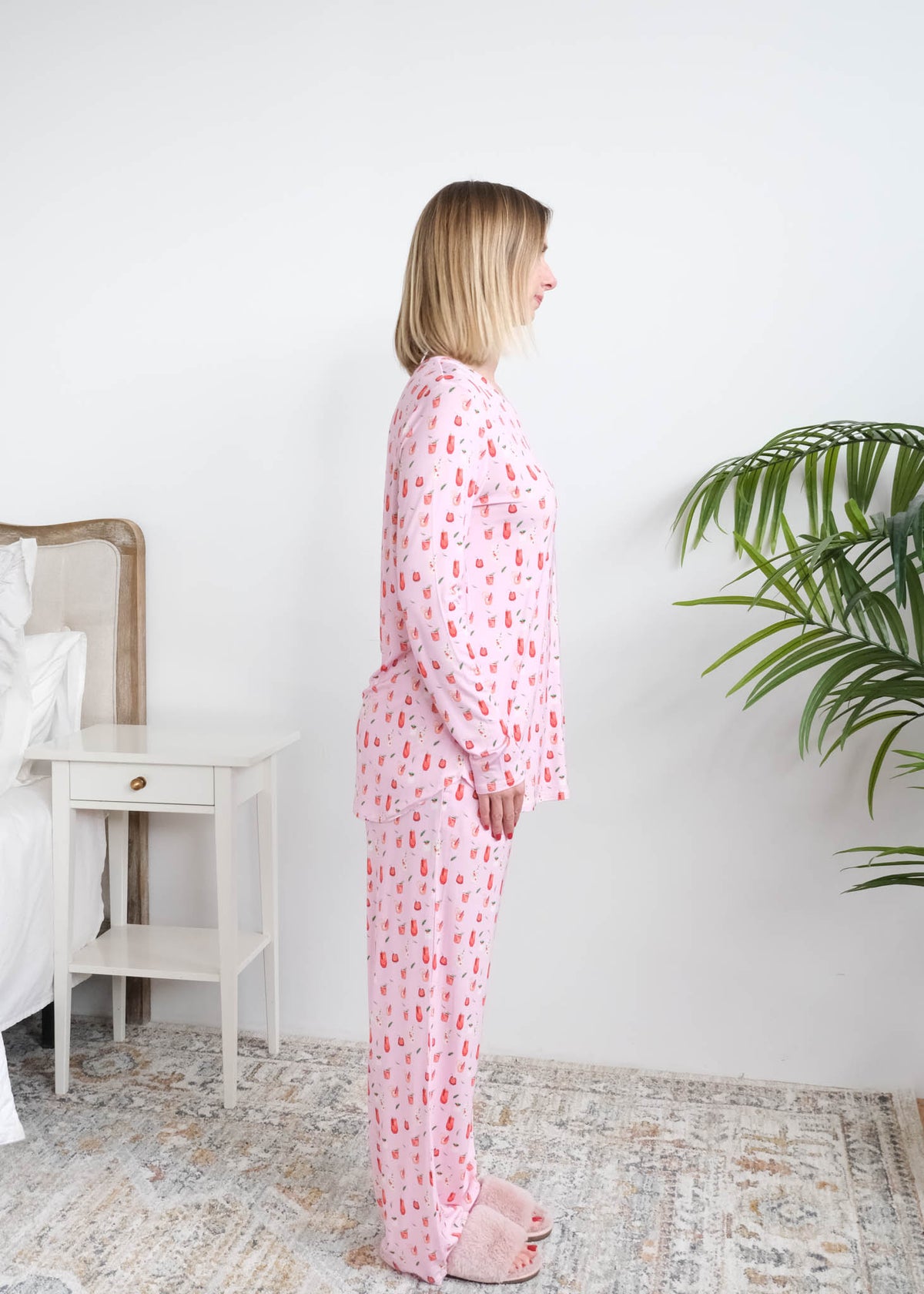 Georgia Rylan Cozy Cocktails Bamboo PJ Set side view straight-leg pant — Cloud Nine Pajamas Edmonton