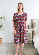 Georgia Rylan Wine Tasting V-Neck Bamboo Nightshirt with Pockets front view on model — Cloud Nine Pajamas Edmonton