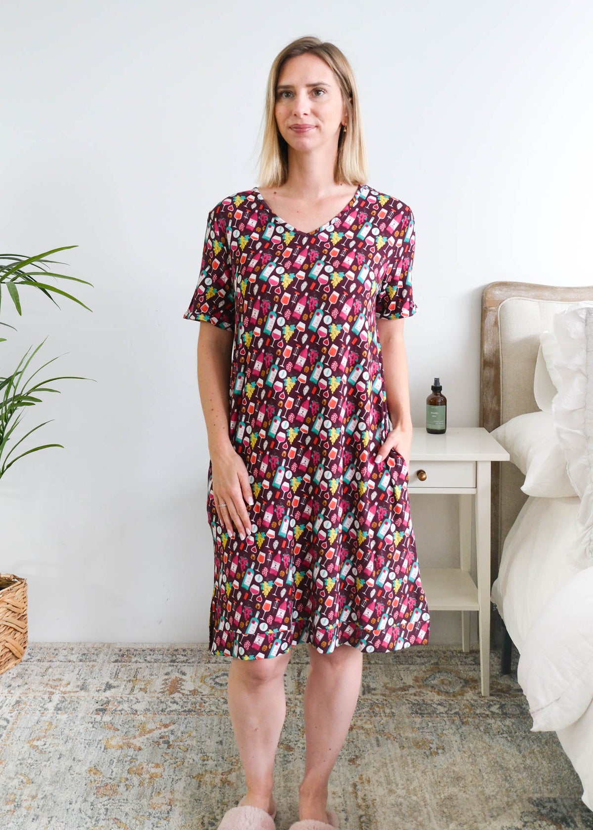 Georgia Rylan Wine Tasting V-Neck Bamboo Nightshirt with Pockets front view on model — Cloud Nine Pajamas Edmonton