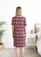 Georgia Rylan Wine Tasting V-Neck Bamboo Nightshirt model back view — Cloud Nine Pajamas Edmonton