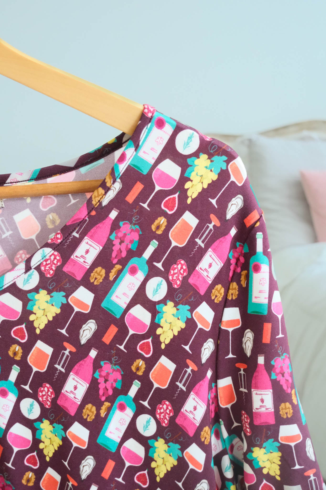 Georgia Rylan Wine Tasting Bamboo Nightshirt V-neckline and print detail — Cloud Nine Pajamas