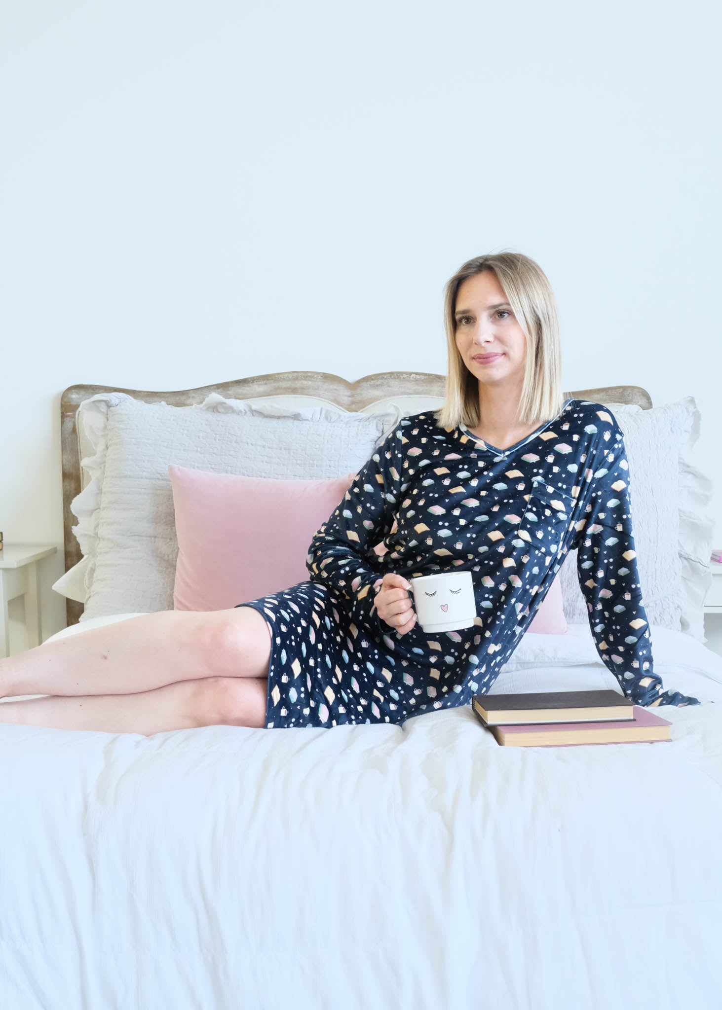 Miranda Nic Book Club Velvety Velour Long Sleeve Nightshirt lifestyle on model — Cloud Nine Pajamas Edmonton