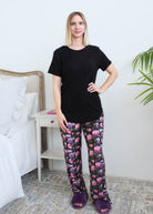 Miranda Nic Dreamy Blooms Velvety Velour Straight Pant Black Floral PJ Set front view on model — Cloud Nine Pajamas Edmonton