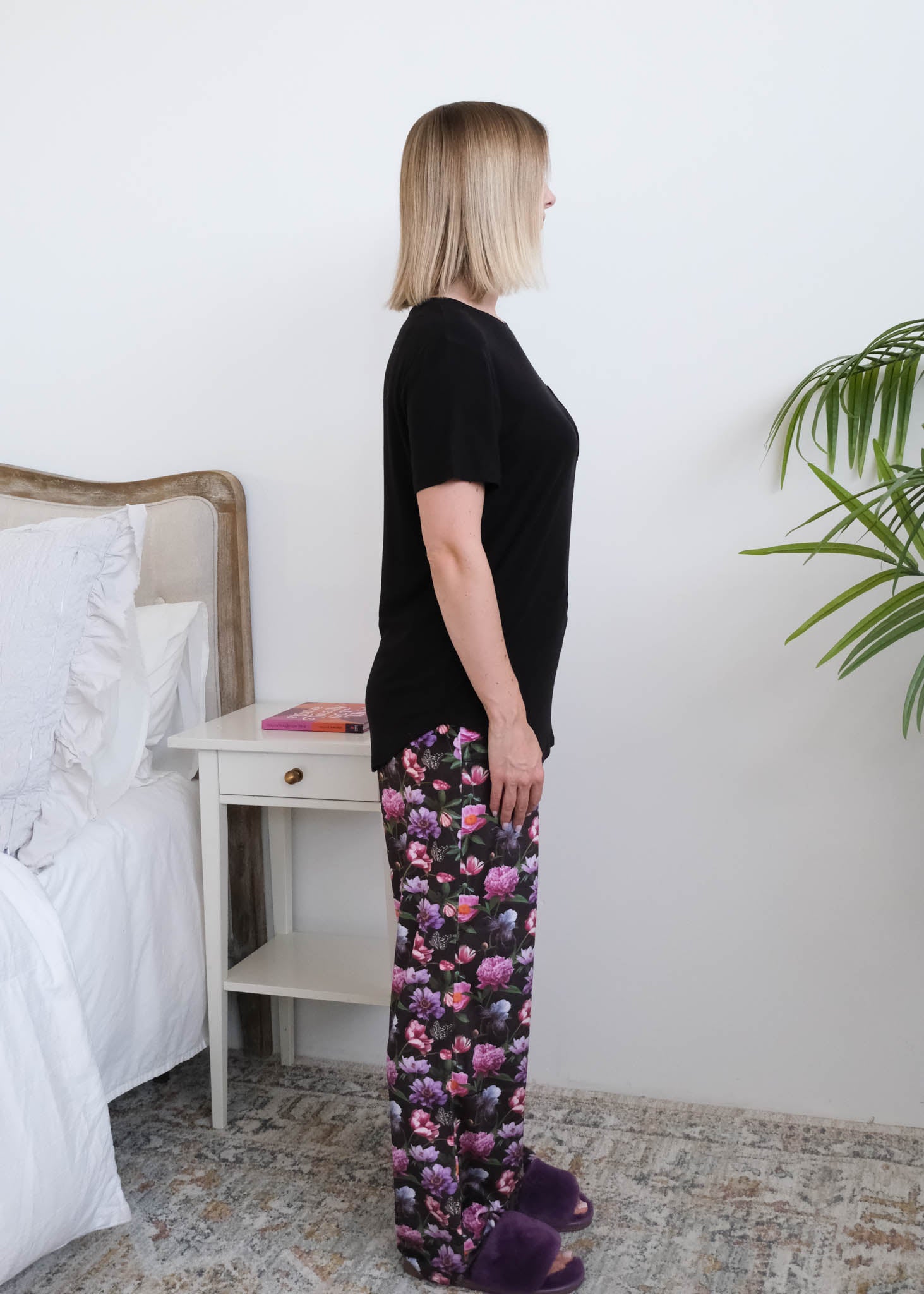 Miranda Nic Dreamy Blooms PJ Set model side view — Cloud Nine Pajamas Edmonton