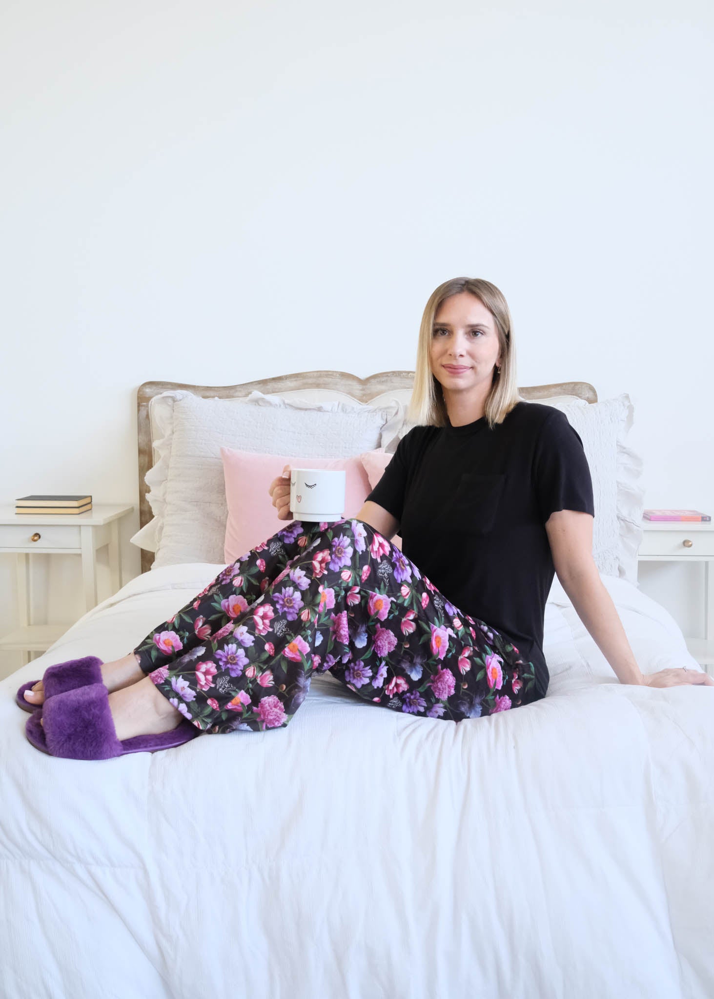 Miranda Nic Dreamy Blooms Black Floral PJ Set lifestyle — Cloud Nine Pajamas Edmonton