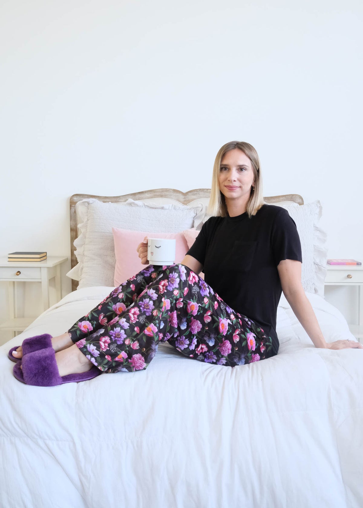 Miranda Nic Dreamy Blooms Black Floral PJ Set lifestyle — Cloud Nine Pajamas Edmonton