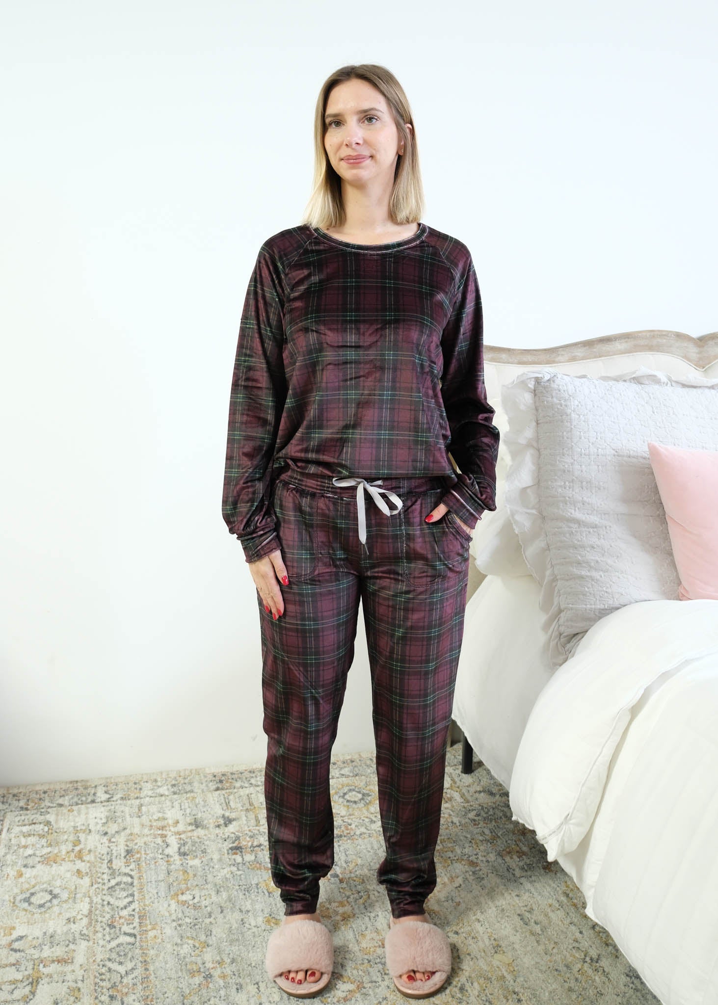Miranda Nic Velvety Velour Plaid PJ Set drawstring waist front pockets cuffed ankle — Cloud Nine Pajamas Edmonton