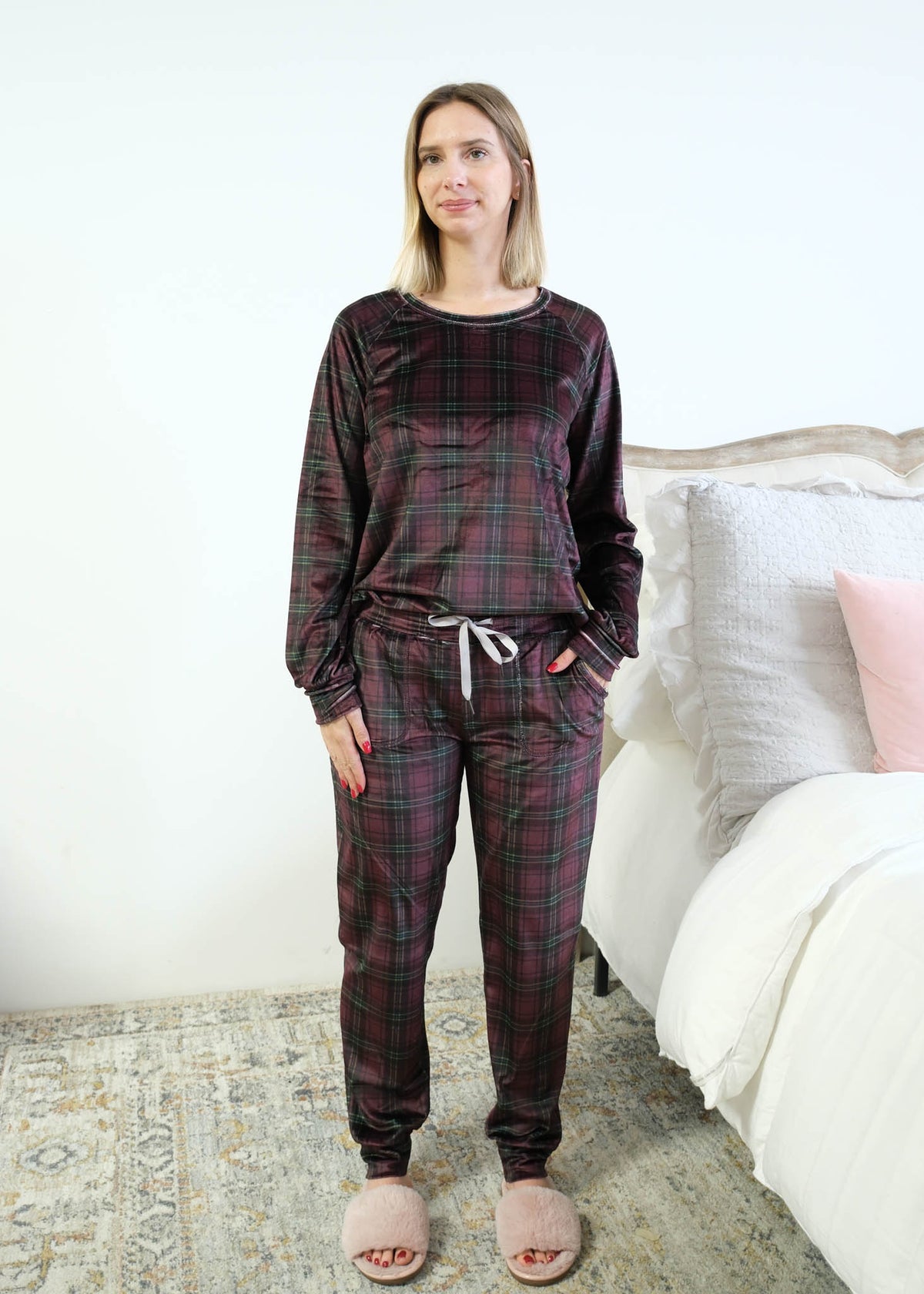 Miranda Nic Velvety Velour Plaid PJ Set drawstring waist front pockets cuffed ankle — Cloud Nine Pajamas Edmonton
