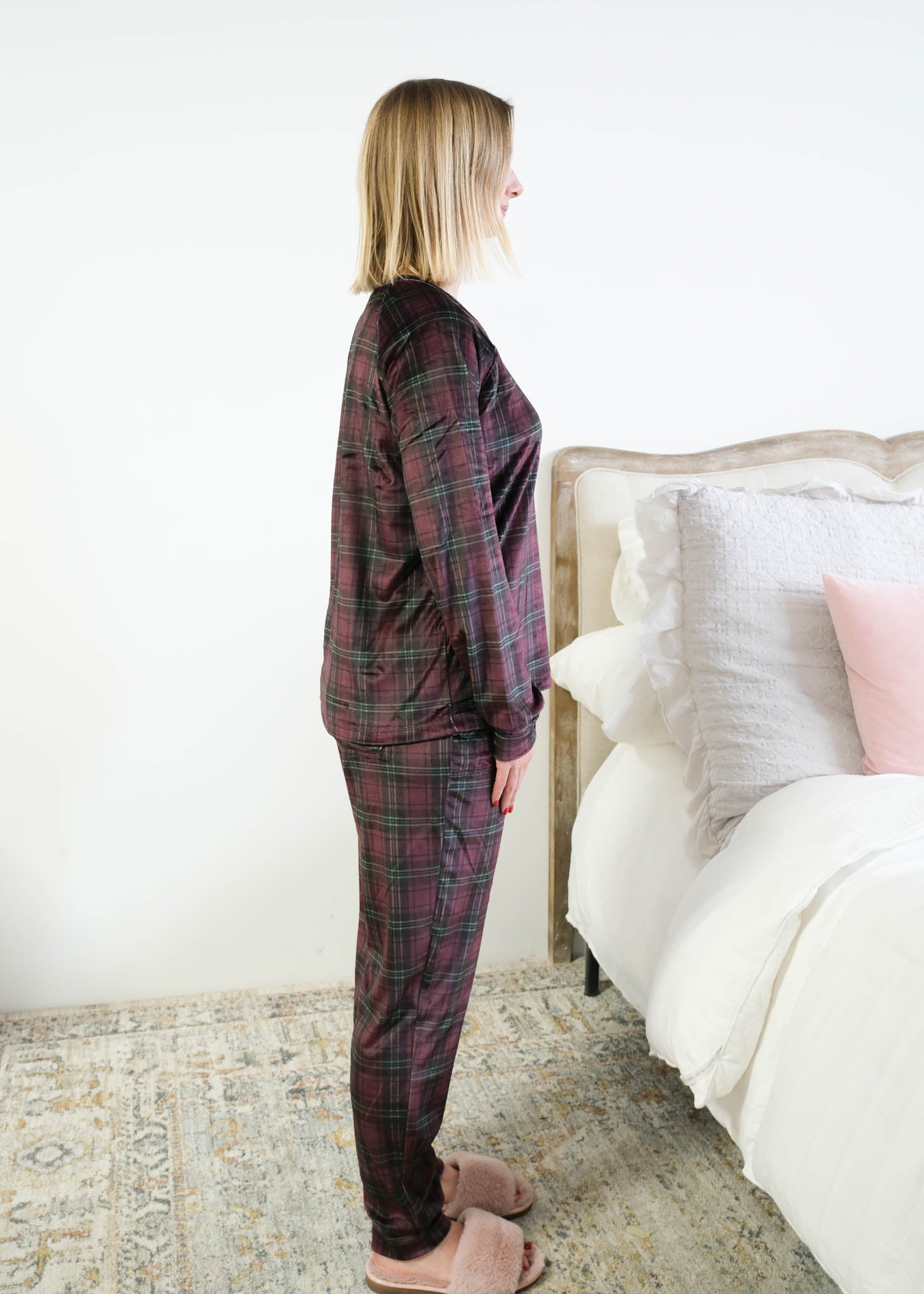 Miranda Nic Velvety Velour Plaid PJ Set side view tapered cuffed ankle jogger — Cloud Nine Pajamas Edmonton