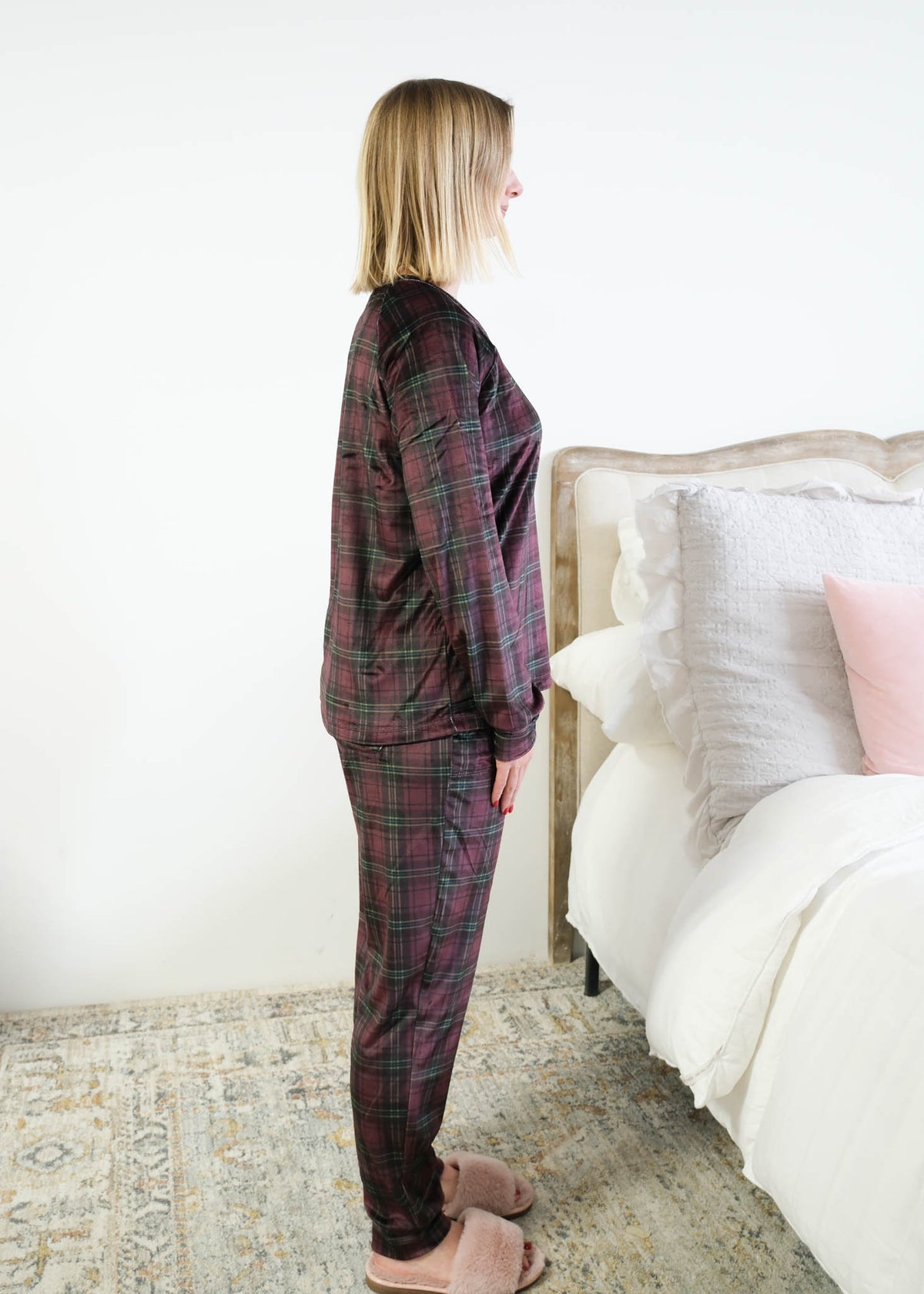 Miranda Nic Velvety Velour Plaid PJ Set side view tapered cuffed ankle jogger — Cloud Nine Pajamas Edmonton