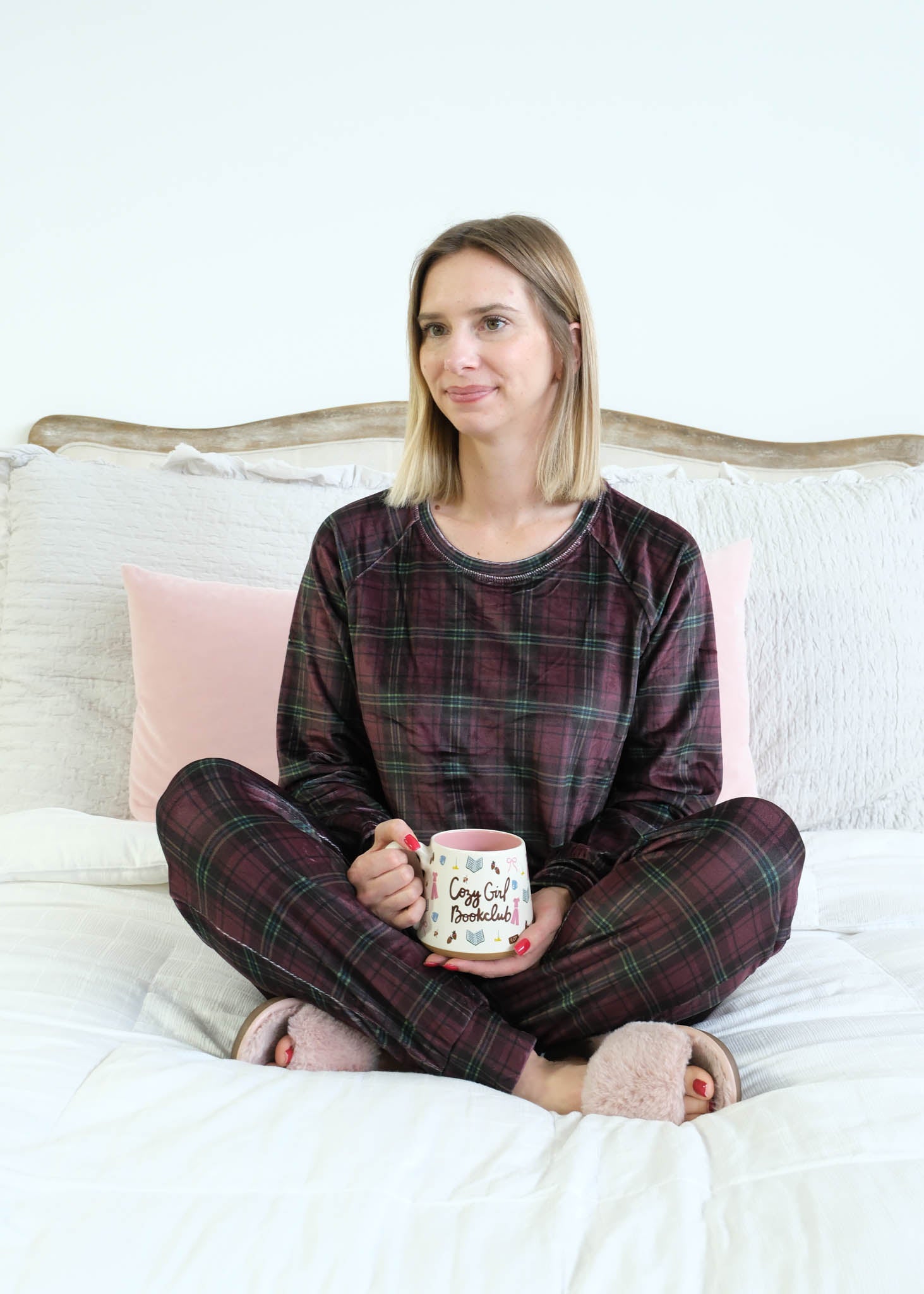Miranda Nic Velvety Velour Plaid Jogger PJ Set deep plum burgundy lifestyle — Cloud Nine Pajamas Edmonton
