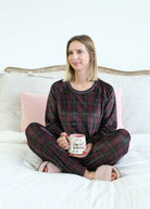 Miranda Nic Velvety Velour Plaid Jogger PJ Set deep plum burgundy lifestyle — Cloud Nine Pajamas Edmonton