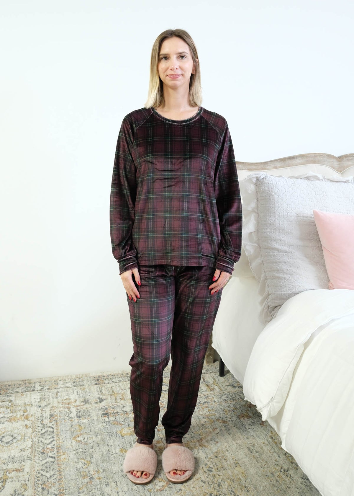 Miranda Nic Velvety Velour Plaid Jogger PJ Set deep plum burgundy front view full length — Cloud Nine Pajamas Edmonton