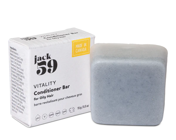 Jack59 Travel Buddies Conditioner Bar for oily hair in packaging, made in Canada, compact and eco-friendly.