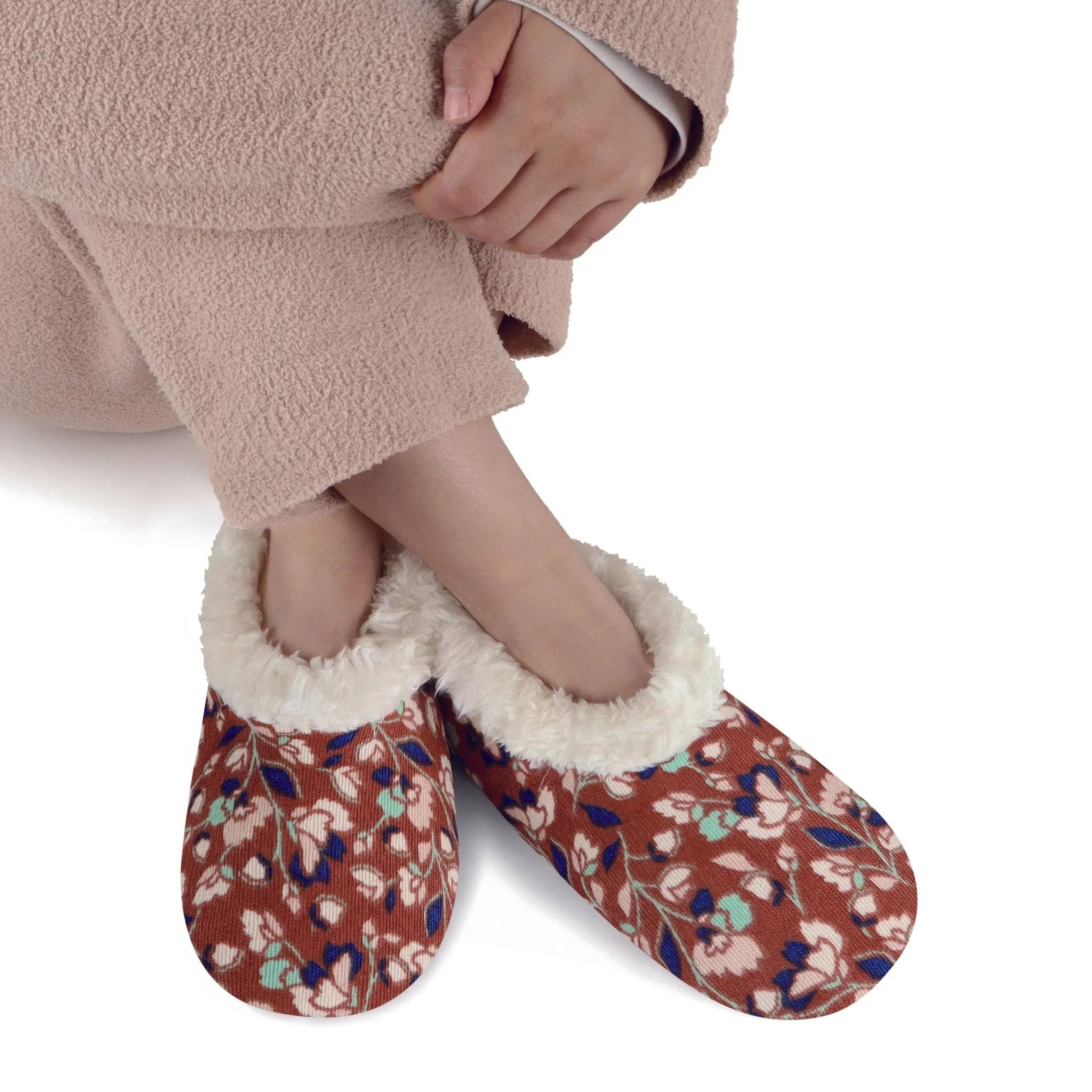Snoozies Plush COZY Slipper Socks floral corduroy brown