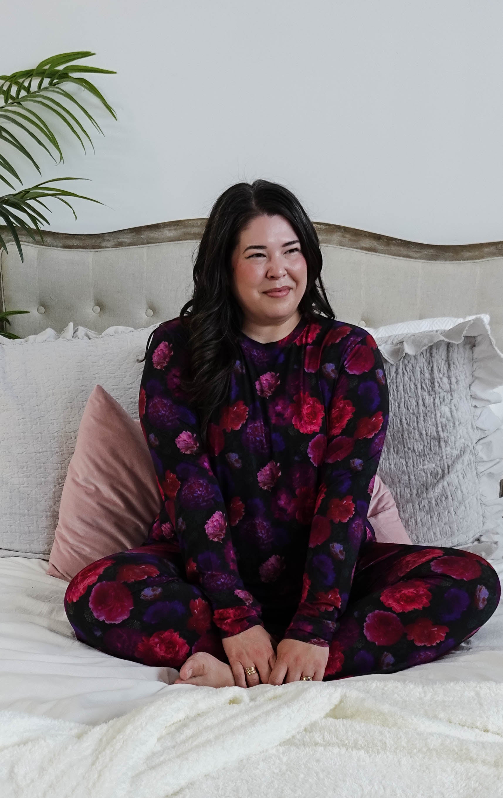 Winter Blossom Long Sleeve Jogger Bamboo PJ Set  - model sits in bed