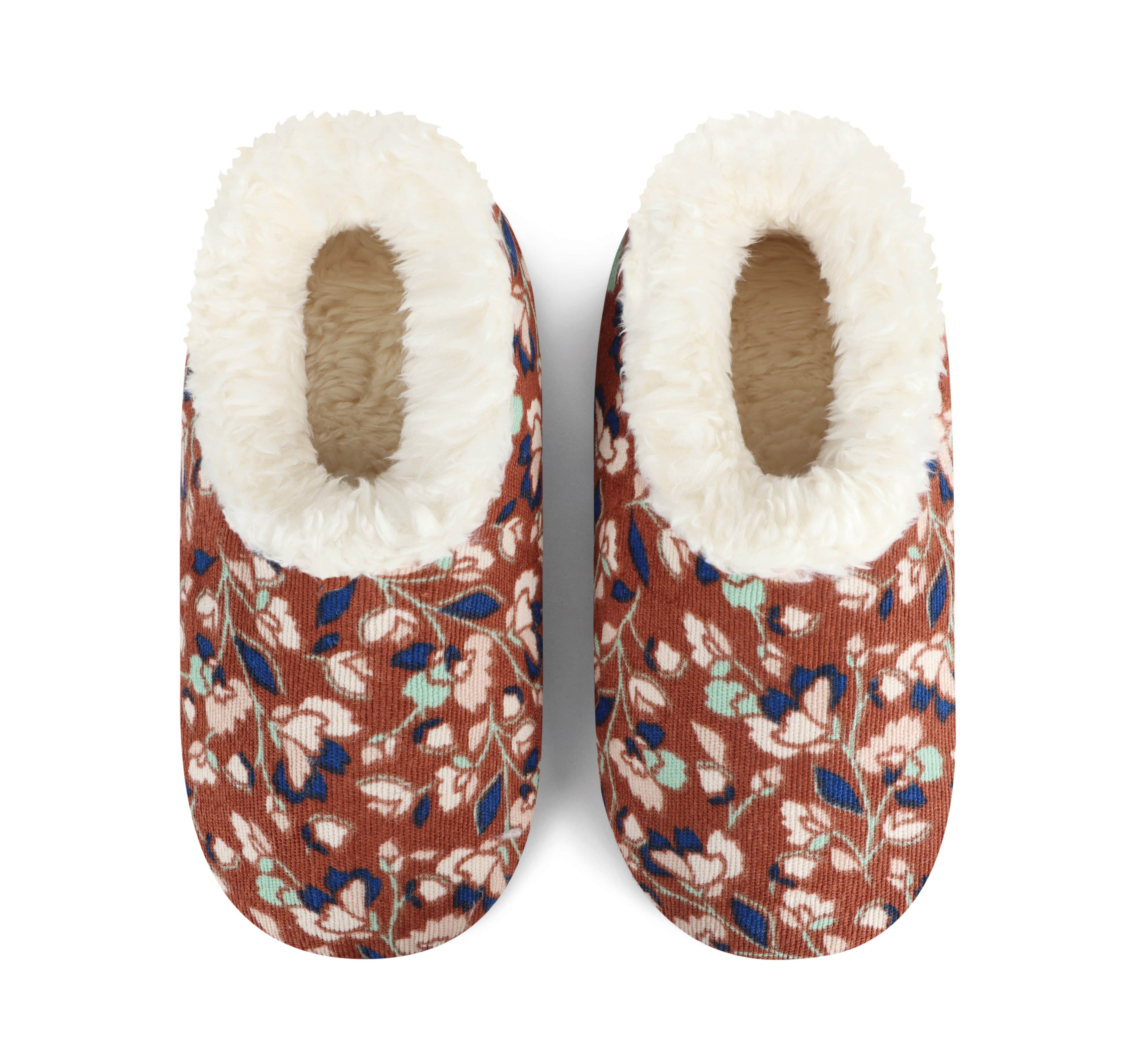 Snoozies Plush COZY Slipper Socks floral corduroy brown