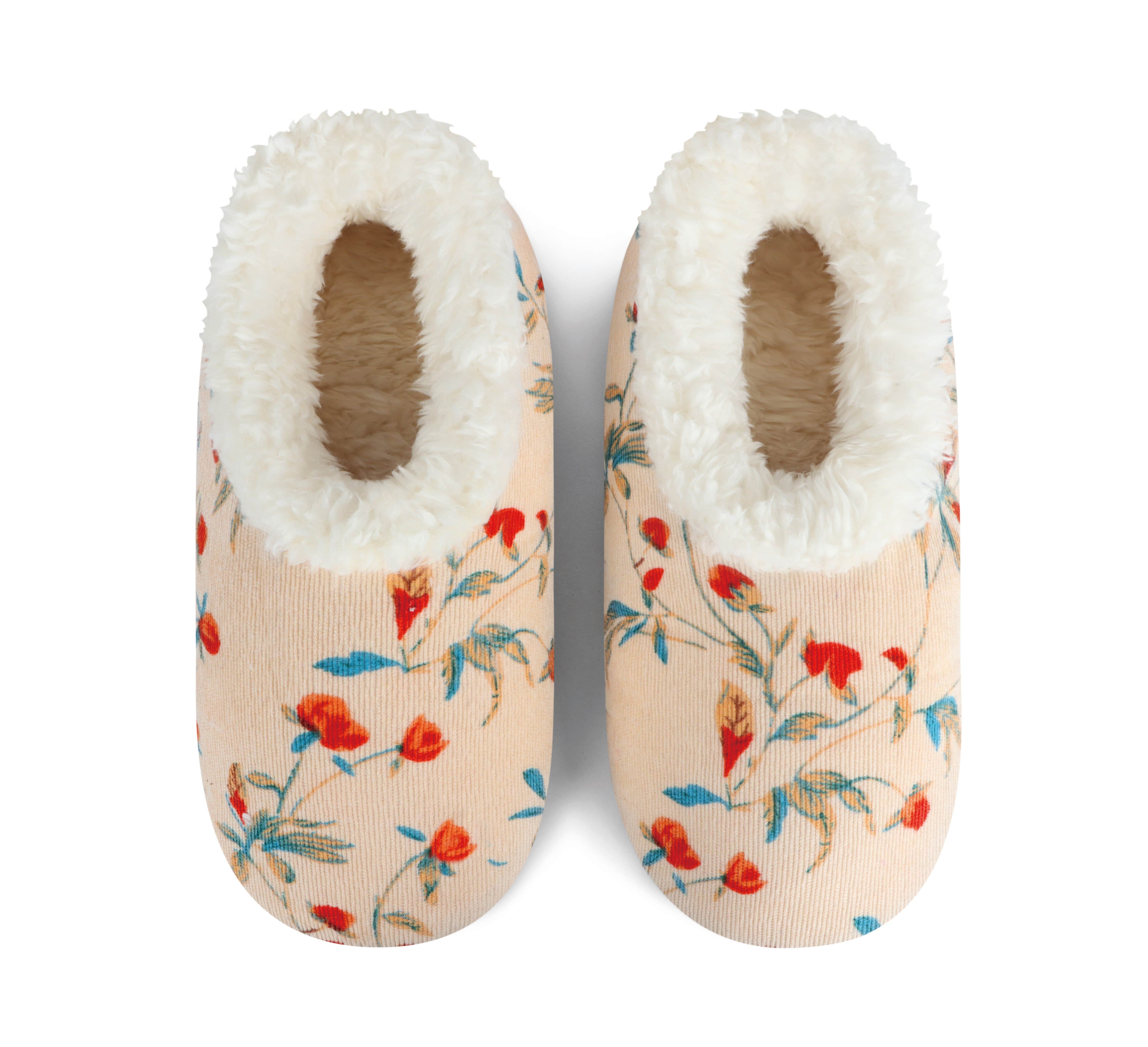 Snoozies Plush COZY Slipper Socks floral corduroy cream