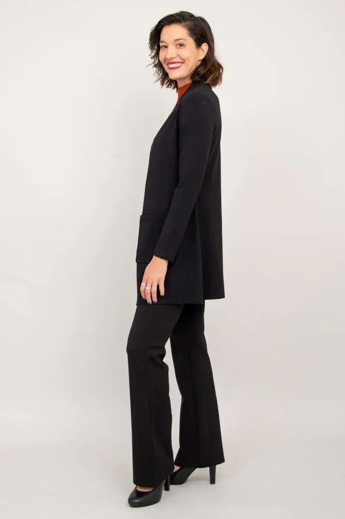 women's black classic cardigan for office layering, casual elegant bamboo cotton. 