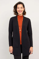 women's black classic cardigan for office layering, casual elegant bamboo cotton. 