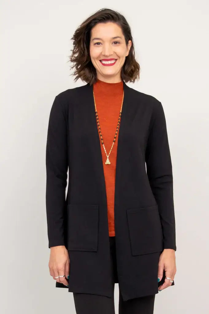 women's black classic cardigan for office layering, casual elegant bamboo cotton. 