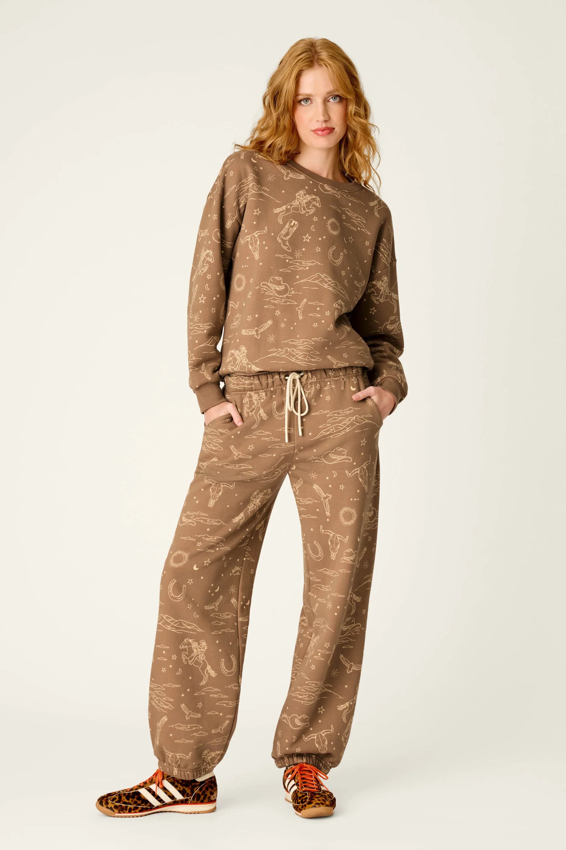 PJ Salvage Western Ways Fleece Lounge Set model full length — Cloud Nine Pajamas Edmonton