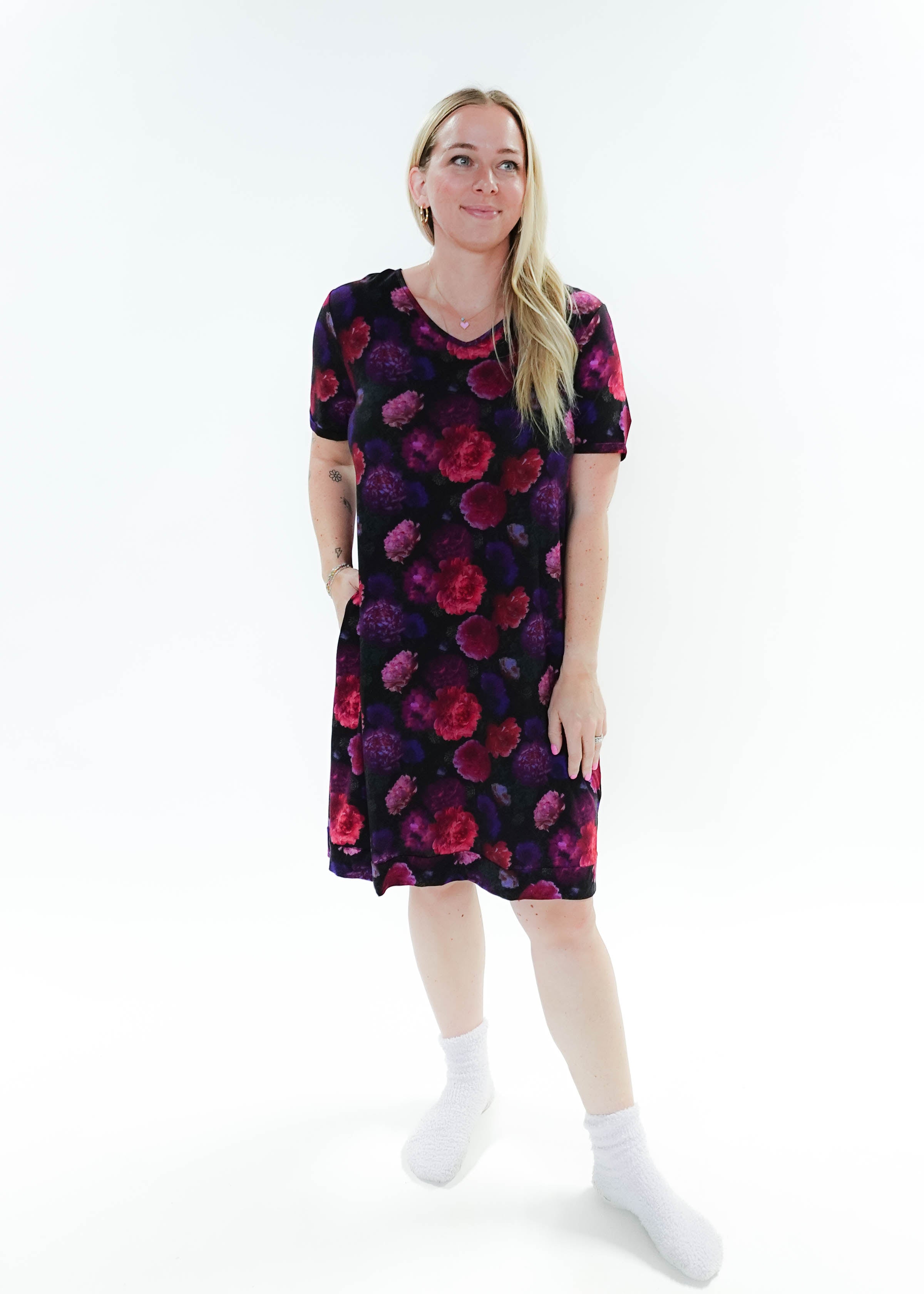 Winter Blossom V Neck Bamboo Nightshirt - woman wearing dress on plain background