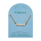 Zodiac Script Necklace in 14K Plated Gold featuring the word 'Cancer' on a blue background for astrology lovers.