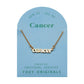 Zodiac Script Necklace in 14K Plated Gold featuring the word 'Cancer' on a blue background for astrology lovers.