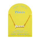 Zodiac Script Necklace in 14K Plated Gold featuring the Pisces astrological sign on a bright yellow display card.