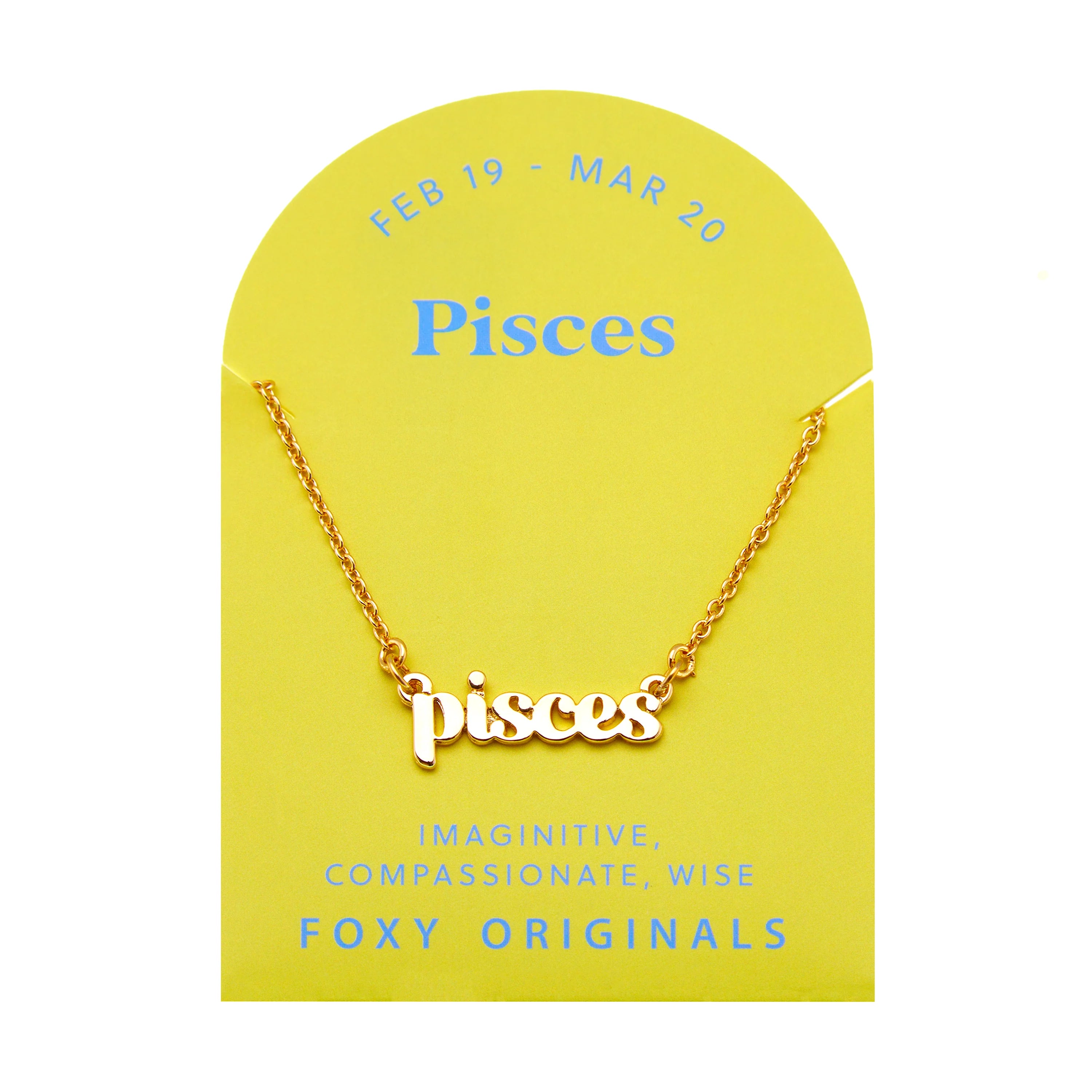 Zodiac Script Necklace in 14K Plated Gold featuring the Pisces astrological sign on a bright yellow display card.