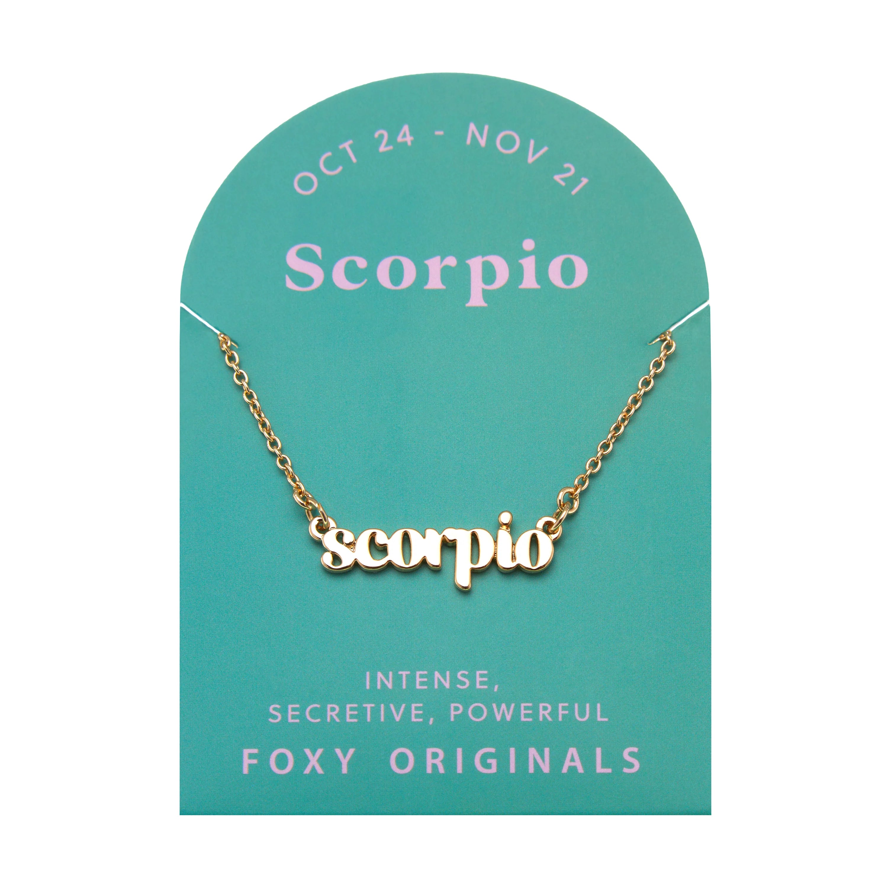 Zodiac Script Necklace in 14K Plated Gold featuring Scorpio astrological sign on a display card.