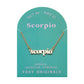 Zodiac Script Necklace in 14K Plated Gold featuring Scorpio astrological sign on a display card.