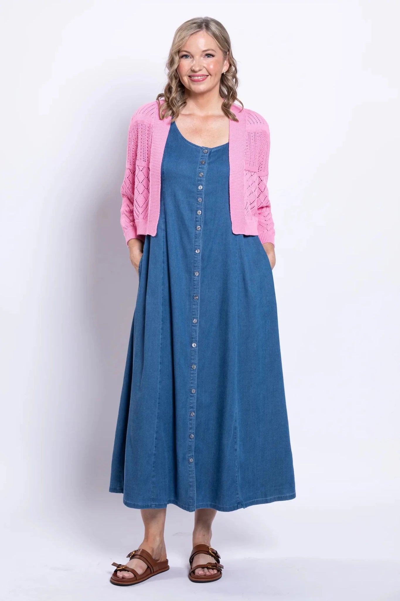 Aldi Cotton Pointelle Cardigan – Cropped 3/4 Sleeve Open - Front Shrug - Blue Sky Clothing Co - Cloud Nine Pajamas