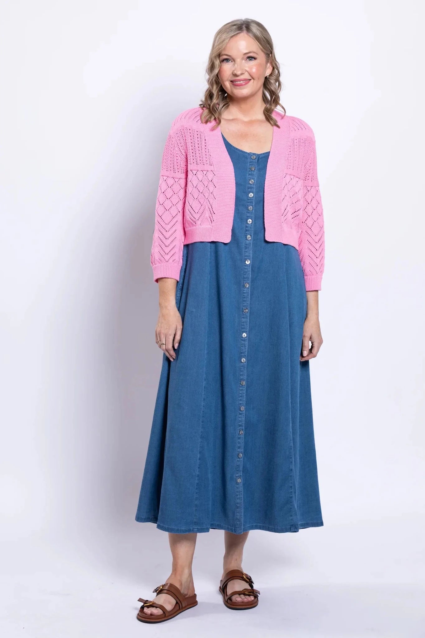 Aldi Cotton Pointelle Cardigan – Cropped 3/4 Sleeve Open - Front Shrug - Blue Sky Clothing Co - Cloud Nine Pajamas