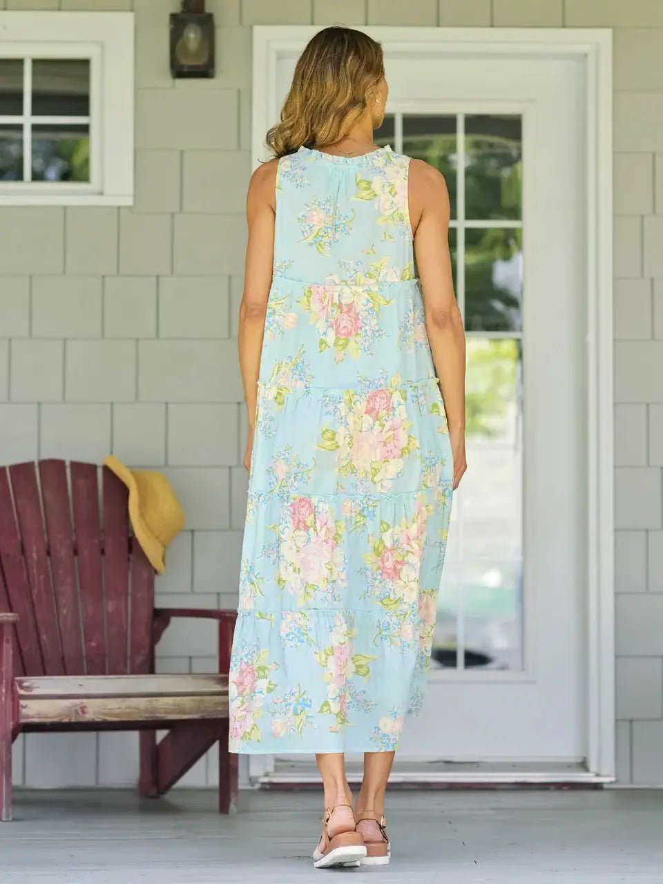 April Cornell Blanche Cotton Dress in Aqua shown on model full length showing the back