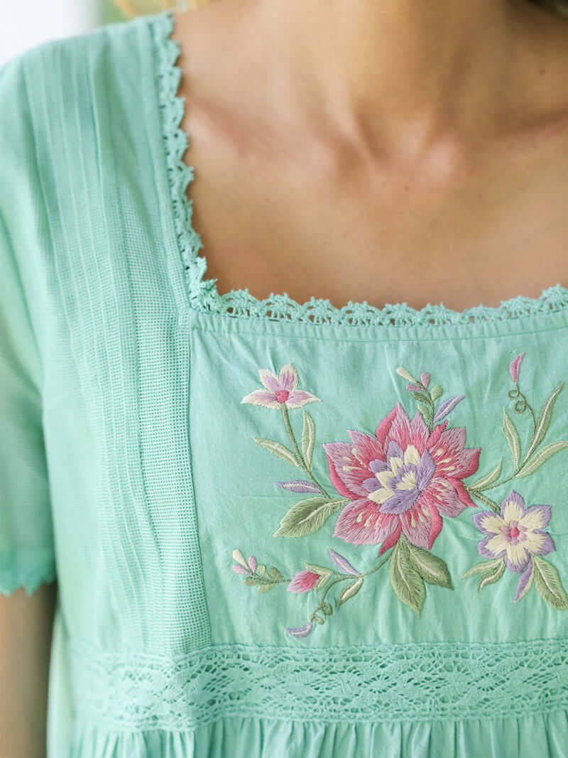 April Cornell Island Flower Cotton Short Sleeve Nightgown – Embroidered Soft Teal Sleeveless Nightyshowing close up of embroidery details