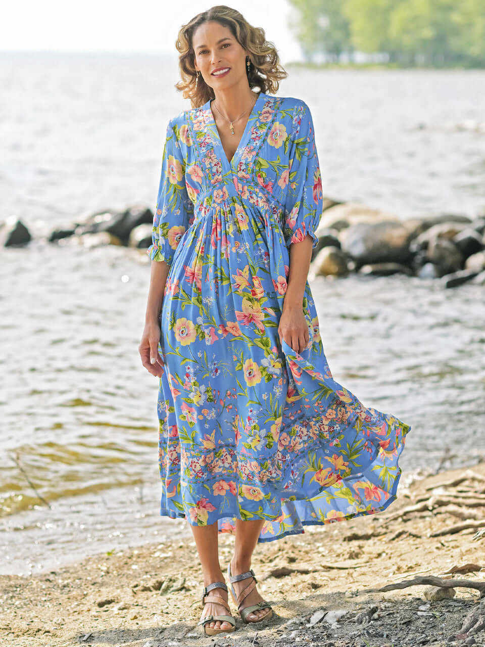April Cornell Lillian Rayon Dress – Blue Floral Maxi with Pockets, perfect for summer outings by the water.