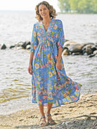 April Cornell Lillian Rayon Dress – Blue Floral Maxi with Pockets, perfect for summer outings by the water.