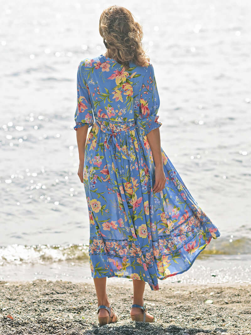April Cornell Lillian Rayon Dress – Blue Floral Maxi with Pockets, flowing design by the water