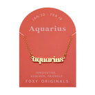 Zodiac Script Necklace in 14K Plated Gold featuring the word Aquarius on display.