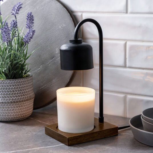 Candle Warmers Etc. Arched Lamp Black and Wood styled in kitchen — Cloud Nine Pajamas