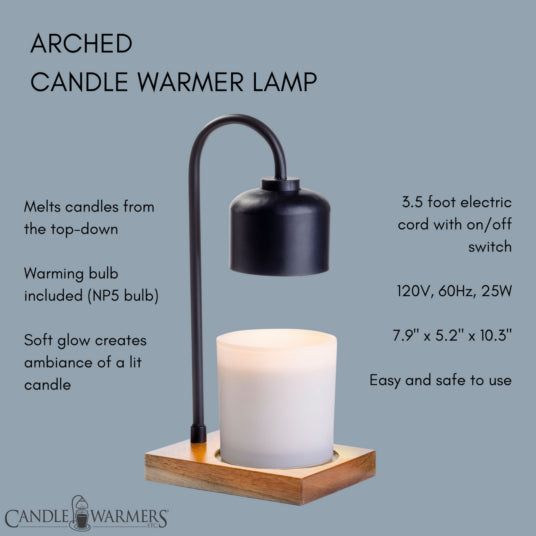 Candle Warmers Etc. Arched Lamp Black and Wood benefits graphic view — Cloud Nine Pajamas Edmonton