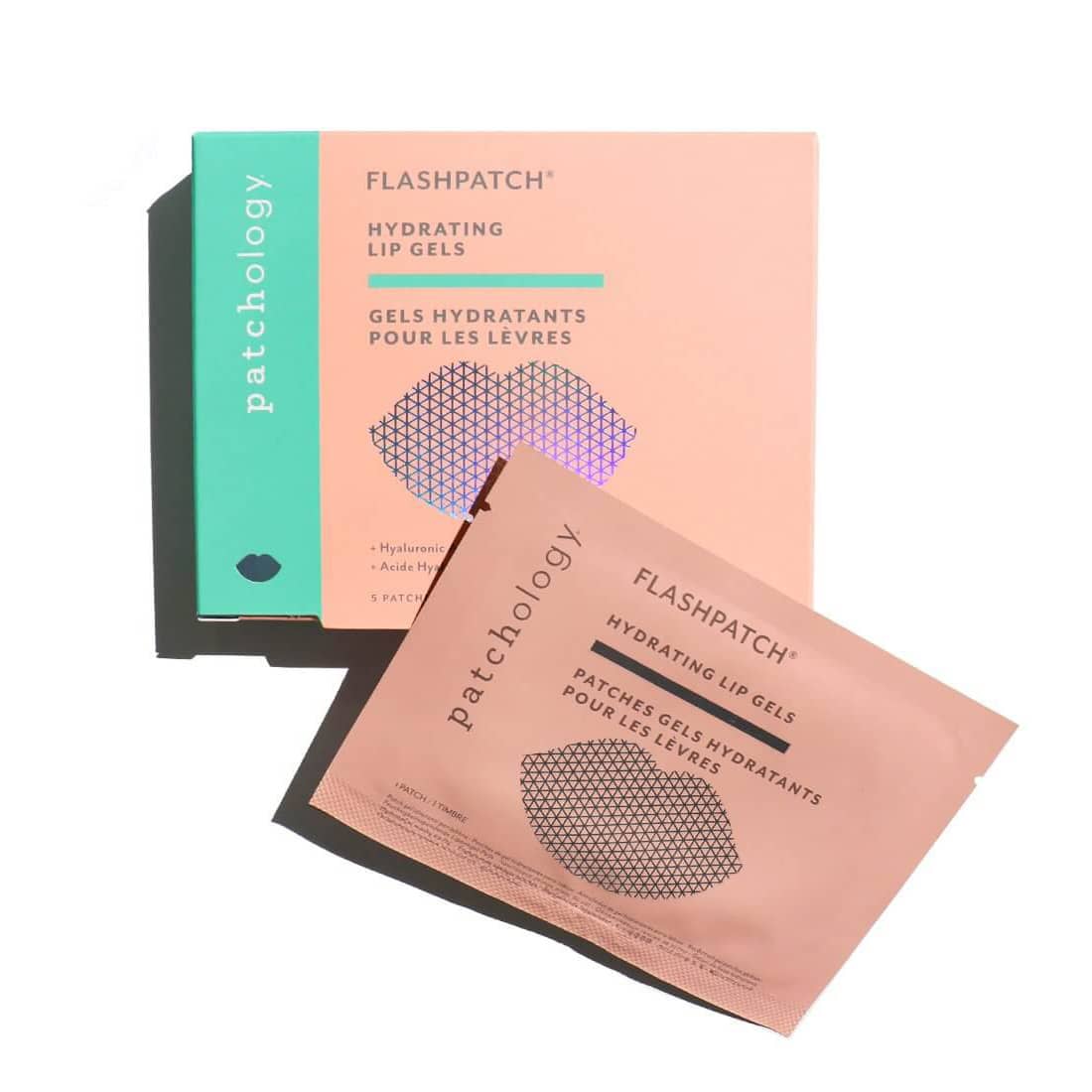 Patchology FlashPatch Hydrating Lip Gels pack with individual gel pouch for lip hydration and rejuvenation.