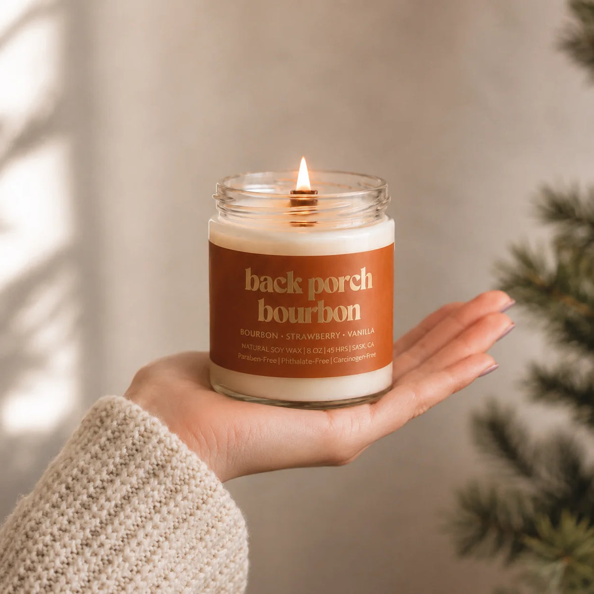 Prairie Creek Candle Back Porch Bourbon wooden wick close-up — Cloud Nine Pajamas